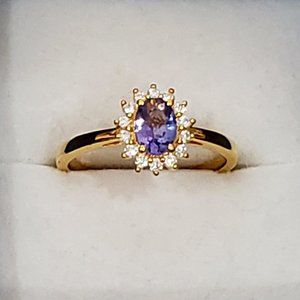 Tanzanite & Moissanite halo ring in 14K Yellow Gold over 925 Sterling 1.00ct sz9